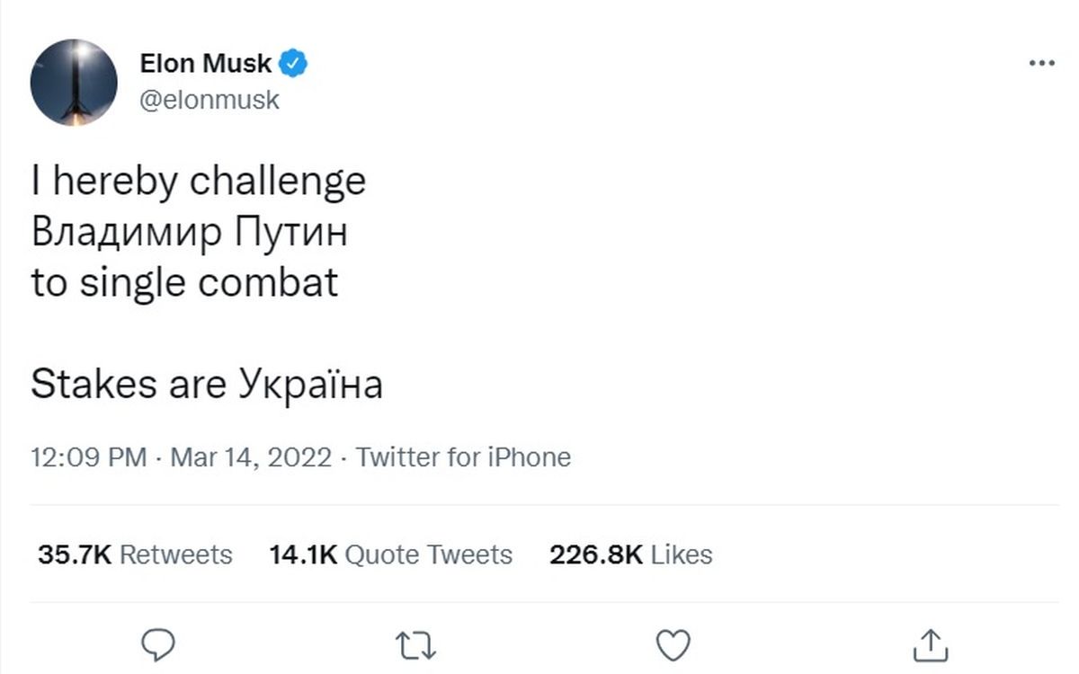 Post Muska na twitterze do Putina
